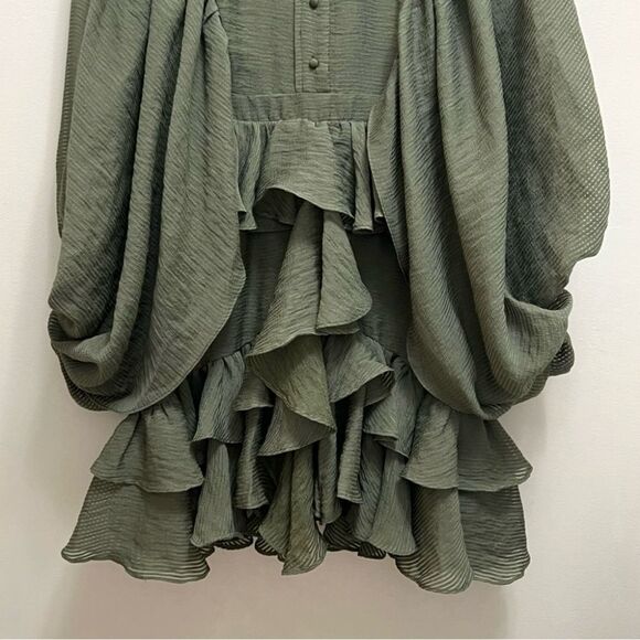 Shona Joy Charlotte Dress Draped Ruffle Balloon Sleeve in Khaki Size 4 - Picture 6 of 11